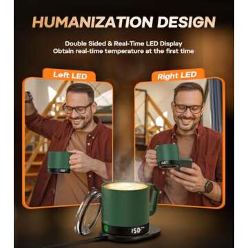 Self Heating Coffee Mug, 14 Oz Temperature Control Smart Mug, Double Sided & Real-Time LED Display, Fast Heating, Mug Warmer with 120 Min Battery Life, Birthday Gifts for Women and Men(Green)