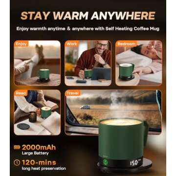 Self Heating Coffee Mug, 14 Oz Temperature Control Smart Mug, Double Sided & Real-Time LED Display, Fast Heating, Mug Warmer with 120 Min Battery Life, Birthday Gifts for Women and Men(Green)