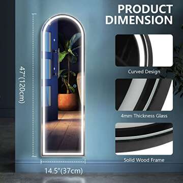 Kasibie Arch Full Length LED Lighted Mirror - 47"x14.5", Wall Mounted Arched Mirror for Bedroom/Living Room (Black LED)