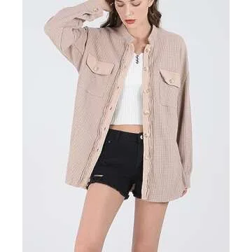 chouyatou Women's Loose Fit Batwing Sleeve Waffle Knit Button Down Shirt Shacket Tops (Medium, Khaki)