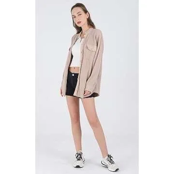 chouyatou Women's Loose Fit Batwing Sleeve Waffle Knit Button Down Shirt Shacket Tops (Medium, Khaki)