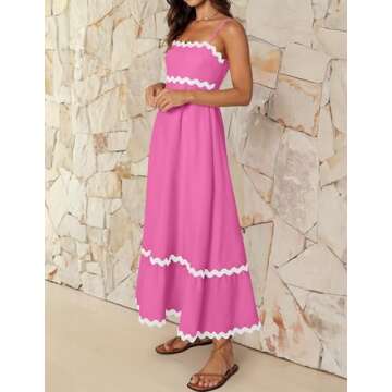 ZESICA Women's 2025 Summer Spaghetti Straps Sleeveless Backless Sundress Flowy Smocked Lace Swing A Line Midi Dress,Rosepink,Medium