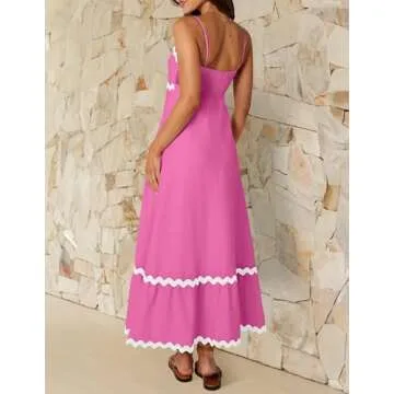 ZESICA Women's 2025 Summer Spaghetti Straps Sleeveless Backless Sundress Flowy Smocked Lace Swing A Line Midi Dress,Rosepink,Medium