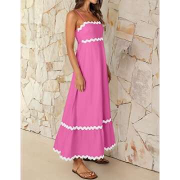 ZESICA Women's 2025 Summer Spaghetti Straps Sleeveless Backless Sundress Flowy Smocked Lace Swing A Line Midi Dress,Rosepink,Medium