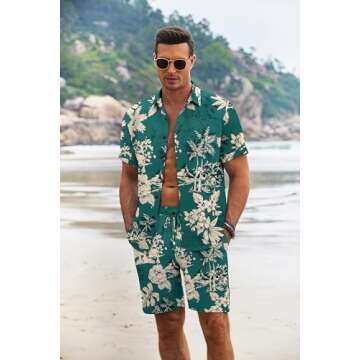 COOFANDY Men's Summer Beach Outfits 2 Piece Short Sleeve Shirts and Shorts Vacation Texture Linen Se...