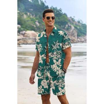 COOFANDY Men's Summer Beach Outfits 2 Piece Short Sleeve Shirts and Shorts Vacation Texture Linen Sets for Men Coconut Tree-Green S