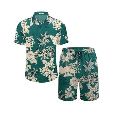 COOFANDY Men's Summer Beach Outfits 2 Piece Short Sleeve Shirts and Shorts Vacation Texture Linen Sets for Men Coconut Tree-Green S