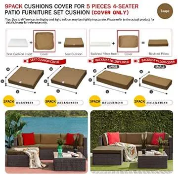 9 Pack Patio Cushion Covers Set Outdoor Furniture Cushion and Pillow Cover Replacement Fit for 5 Pieces 4-Seater Wicker Rattan Patio Sectional Sofa Chair Couch Set,Taupe-Cover Only (Large)