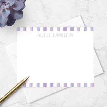 Personalized Stationery Note Card & Envelope Set for Children, Watercolor Stripe Border Design Personalized with Name in Cute Font, Thank You Card Stationery for Kids (Lavender)