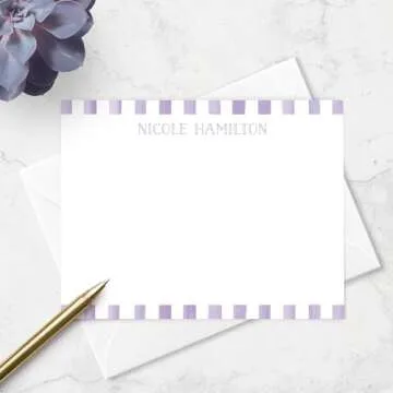 Personalized Stationery Note Card & Envelope Set for Children, Watercolor Stripe Border Design Personalized with Name in Cute Font, Thank You Card Stationery for Kids (Lavender)