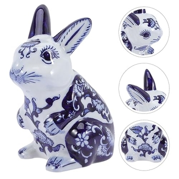 VOSAREA Blue and White Porcelain Bunny Figurine for Home
