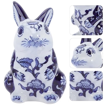 VOSAREA Blue and White Porcelain Bunny Figurine for Home