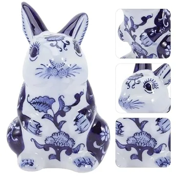 VOSAREA Blue and White Porcelain Bunny Figurine for Home