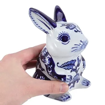VOSAREA Blue and White Porcelain Bunny Figurine for Home