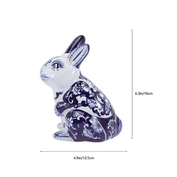 VOSAREA Blue and White Porcelain Bunny Figurine for Home