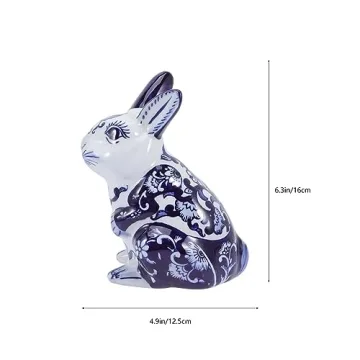 VOSAREA Blue and White Porcelain Bunny Figurine for Home
