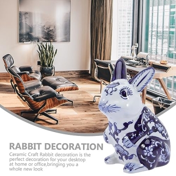 VOSAREA Blue and White Porcelain Bunny Figurine for Home