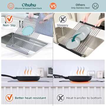 Ohuhu Roll Up Sink Rack, Over The Sink Dish Drying Rack, 20.5" W x 13.1" L Rolling Dish Drainer Foldable Sink Accessories Heat-Resistant Mat Anti-Slip Silicone Coated Dish Racks for Kitchen Counter