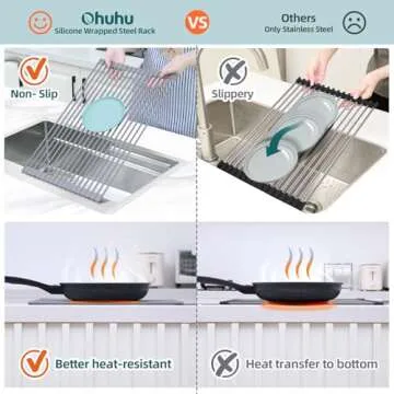 Ohuhu Roll Up Sink Rack, Over The Sink Dish Drying Rack, 20.5" W x 13.1" L Rolling Dish Drainer Foldable Sink Accessories Heat-Resistant Mat Anti-Slip Silicone Coated Dish Racks for Kitchen Counter
