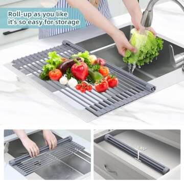 Ohuhu Roll Up Sink Rack, Over The Sink Dish Drying Rack, 20.5" W x 13.1" L Rolling Dish Drainer Foldable Sink Accessories Heat-Resistant Mat Anti-Slip Silicone Coated Dish Racks for Kitchen Counter
