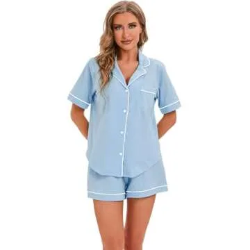 LUBOT 100% Cotton Women's Pajamas Set Short Sleeve Button-Down Shirt PJ Two-piece Shorts Set Summer ...