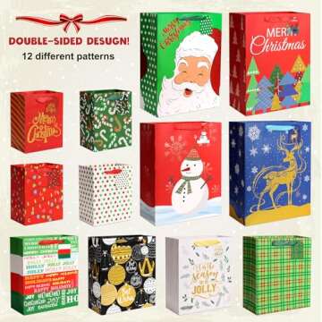 Christmas Gift Bags-12PCS Christmas Paper Bags Bulk Assorted Sizes, Christmas Tote Bags with Handle, Holiday Gift Wrapping Bags with Tissue Paper&Gift Tags (4 Extra Large 16",4 Large 12",4 Medium 9")