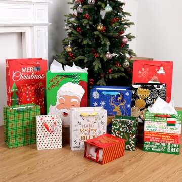 Christmas Gift Bags-12PCS Christmas Paper Bags Bulk Assorted Sizes, Christmas Tote Bags with Handle, Holiday Gift Wrapping Bags with Tissue Paper&Gift Tags (4 Extra Large 16",4 Large 12",4 Medium 9")