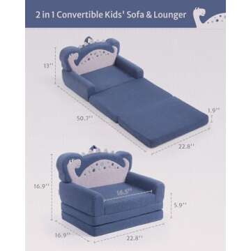 Blissful Diary Kids Couch, 2-in-1 Soft Toddler Couch Fold Out, Toddler Chair Comfy, Convertible Sofa to Lounger with Cute Dinosaur Designs, Blue