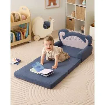 Blissful Diary Kids Couch, 2-in-1 Soft Toddler Couch Fold Out, Toddler Chair Comfy, Convertible Sofa to Lounger with Cute Dinosaur Designs, Blue