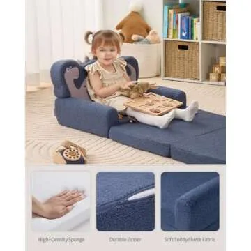 Blissful Diary Kids Couch, 2-in-1 Soft Toddler Couch Fold Out, Toddler Chair Comfy, Convertible Sofa to Lounger with Cute Dinosaur Designs, Blue