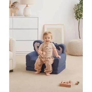 Blissful Diary Kids Couch, 2-in-1 Soft Toddler Couch Fold Out, Toddler Chair Comfy, Convertible Sofa to Lounger with Cute Dinosaur Designs, Blue