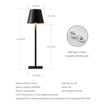 KDG 2 Pack Cordless Table Lamp,Portable LED Desk Lamp, 5000mAh Battery Operated, 3 Color Stepless Dimming Up, for Restaurant/Bedroom/Bars/Outdoor Party/Camping/Coffee Shop Night Light(Black)