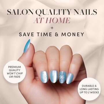 Glamnetic Press On Nails - Subzero | Opaque Pale Icy Blue Snowflake Graphic Short Oval False Nails, Reusable Stick On Fake Nails with Glue | Salon Quality | 15 Sizes - 30 Nail Kit