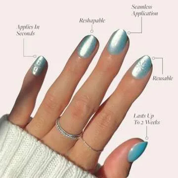 Glamnetic Press On Nails - Subzero | Opaque Pale Icy Blue Snowflake Graphic Short Oval False Nails, Reusable Stick On Fake Nails with Glue | Salon Quality | 15 Sizes - 30 Nail Kit