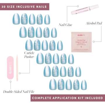 Glamnetic Press On Nails - Subzero | Opaque Pale Icy Blue Snowflake Graphic Short Oval False Nails, Reusable Stick On Fake Nails with Glue | Salon Quality | 15 Sizes - 30 Nail Kit