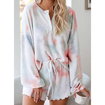 Canikat Womens Casual Tie Dye Pajamas Sets Long Sleeve Tops Sleepwear with Shorts Nightwear Loungewear Pjs Orange Large