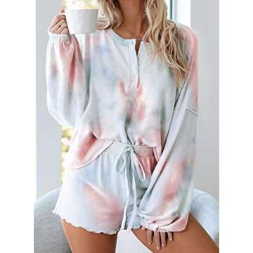Canikat Womens Casual Tie Dye Pajamas Sets Long Sleeve Tops Sleepwear with Shorts Nightwear Loungewear Pjs Orange Large