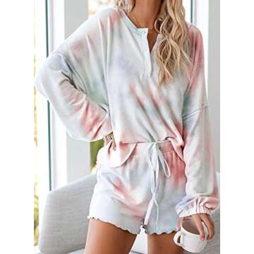 Canikat Womens Casual Tie Dye Pajamas Sets Long Sleeve Tops Sleepwear with Shorts Nightwear Loungewear Pjs Orange Large