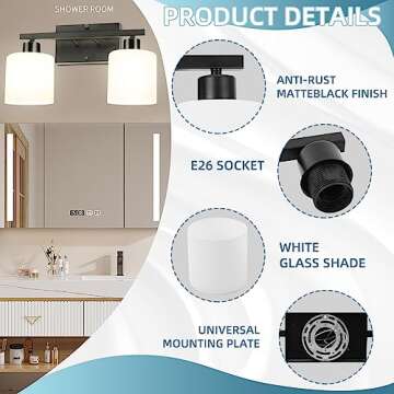 CANMEIJIA 2-Light Bathroom Vanity Light Fixtures, Matte Black Vanity Wall Scones Lighting for Bedroom Living Room, Modern Vanity Lights with Milky White Glass Shades, E26 Socket, Bulbs Not Included