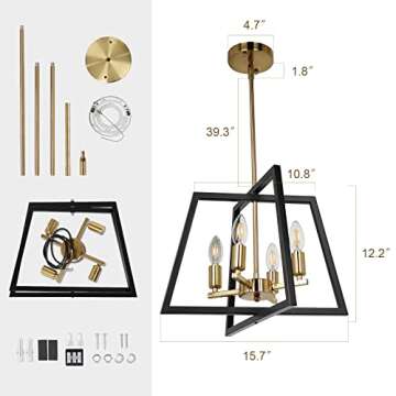 ZOSIMIO Black Brass Farmhouse Lantern Chandelier, Gold Modern Industrial Bird Cage Foyer Pendant Light, 4- Light Rustic Hanging Lighting Fixture for Kitchen Island, Dining Room, Entryway, Hallway