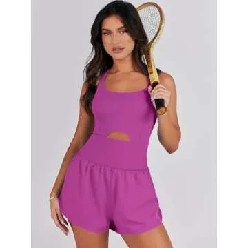 Caracilia Women's Workout Athletic Romper Summer Sets Short Jumpsuits Onesie Running Outfits Exercise Gym 2025 Trendy Clothes Rose L