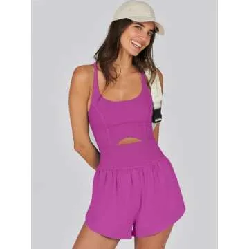 Caracilia Women's Workout Athletic Romper Summer Sets Short Jumpsuits Onesie Running Outfits Exercise Gym 2025 Trendy Clothes Rose L