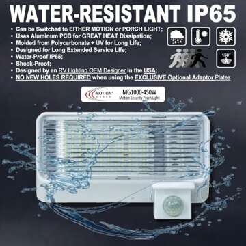 MOTION-GUARD, MG1000-450W, RV Exterior Mounted Bright LED Motion Sensor Porch Flood Light, RATED IP65 with INTELA-SENSOR, POLARITY GUARD, Adjustable Sensitivity and EMI Suppression