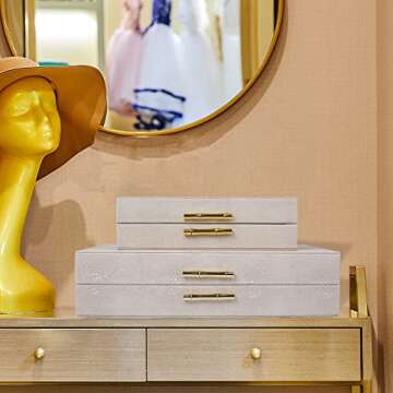 ZIKOUL Large Modern Decorative Box Ivory Shagreen Leather Storage Decorative Boxes With Lids for Home Decor Stacking Jewelry Box Organizer