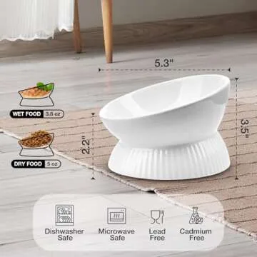 Kopmath Elevated Cat Bowl, Ceramic Tilted Cat Food Bowl, Anti Vomiting, Stress Free on Neck and Spine, Spill-Proof, Anti-Tipping, Dishwasher Safe, Raised Cat Bowls for Indoor Cats, Dry/Wet Food, White