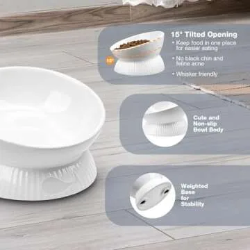 Kopmath Elevated Cat Bowl, Ceramic Tilted Cat Food Bowl, Anti Vomiting, Stress Free on Neck and Spine, Spill-Proof, Anti-Tipping, Dishwasher Safe, Raised Cat Bowls for Indoor Cats, Dry/Wet Food, White