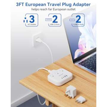 European Travel Plug Adapter, US to European Plug Adapter with 3 American Outlets & 4 USB, 3ft European Power Cord, International Travel Power Strip, Type C for Europe EU Germany France, Travel, White