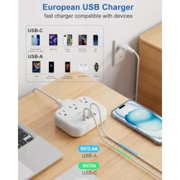 European Travel Plug Adapter, US to European Plug Adapter with 3 American Outlets & 4 USB, 3ft European Power Cord, International Travel Power Strip, Type C for Europe EU Germany France, Travel, White