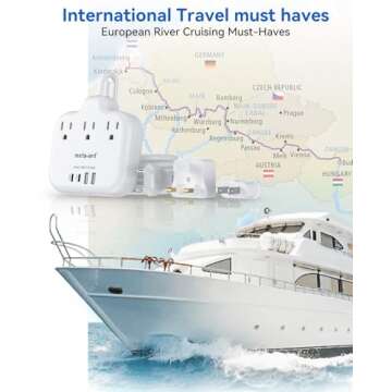 European Travel Plug Adapter, US to European Plug Adapter with 3 American Outlets & 4 USB, 3ft European Power Cord, International Travel Power Strip, Type C for Europe EU Germany France, Travel, White