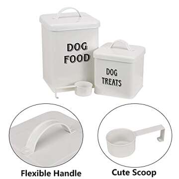 Pethiy Dog Food and Treats Containers Set - Stylish Vintage White Canisters with Scoop